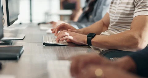 Hands, keyboard and typing in office for copywriting, research and coworking at Stock Footage 340814894