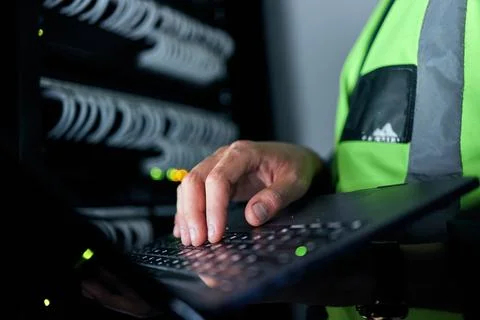 Hands, keyboard and typing for server, cables or man for inspection, coding or Stock-Fotos