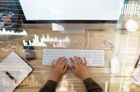 Hands on keyboard, computer overlay and business woman for typing for 写真素材