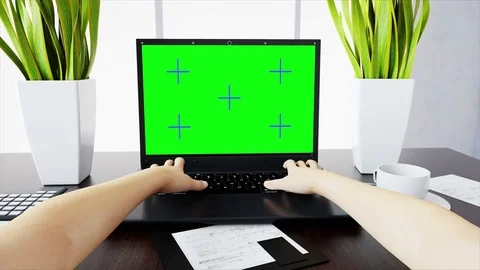 Hands on keyboard. Workspace. Office work concept. Green screen.  Stock Footage 74479631