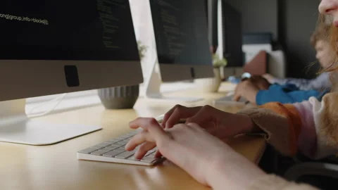 Hands of Kids Writing Programming Scripts at Coding School Stock Footage 278128258