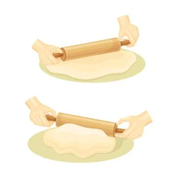 Hands kneading dough with rolling pin set. Bakery, kneading pastry for cookies Stock Illustration