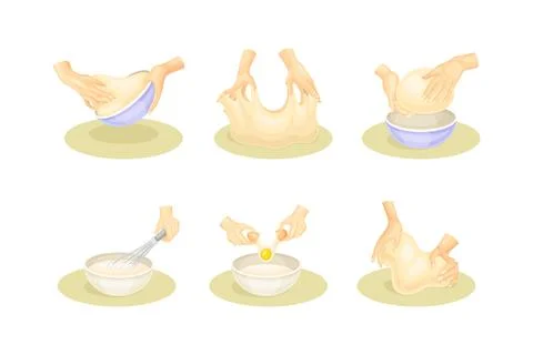 Hands Kneading Dough with Whisk Preparing Homemade Baking and Pastry Vector Set Stock Illustration