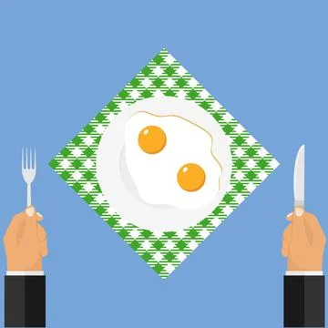 Hands with a knife and fork near a plate of fried eggs. Stock Illustration