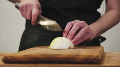 Hands knife onion. Stock Footage 146823069