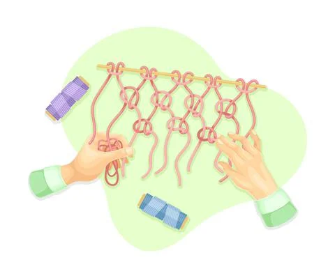Hands knitting macrame. Top view of creative work process, hobby and craft Stock Illustration