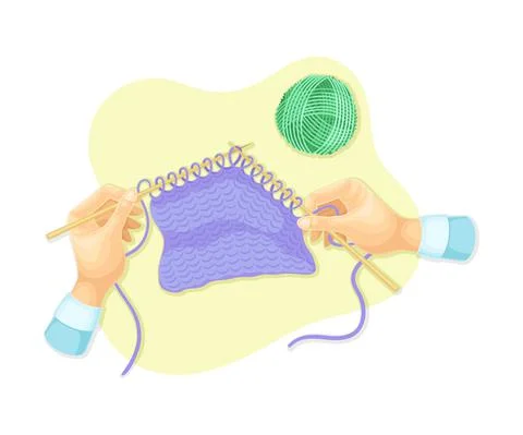 Hands knitting. Top view of creative work process, hobby and craft concept Stock Illustration