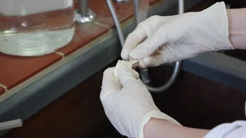 The hands of the laboratory assistant break off the laboratory material Stock Footage 128374681