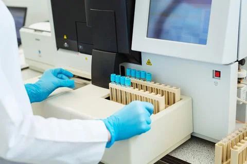 Hands of laboratory assistant loading sample tubes for coagulation test analysis Stock Photos