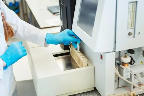 Hands of laboratory assistant loading sample tubes for coagulation test analysis Foto stock