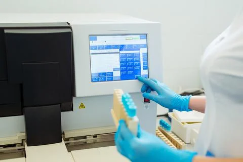 Hands of laboratory assistant loading sample tubes for coagulation test analysis Stock Photos