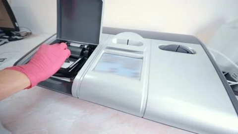Hands of a laboratory worker or nurse in pink rubber gloves working on a modern Stock-Footage 177894046