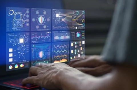 Hands on a Laptop with Analytic Dashboard and Data Visualizations Stock Photos