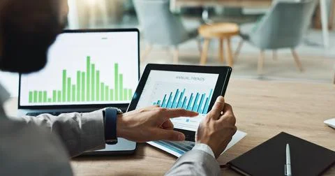 Hands, laptop and chart with tablet for business man, analysis or check progress Stock Photos