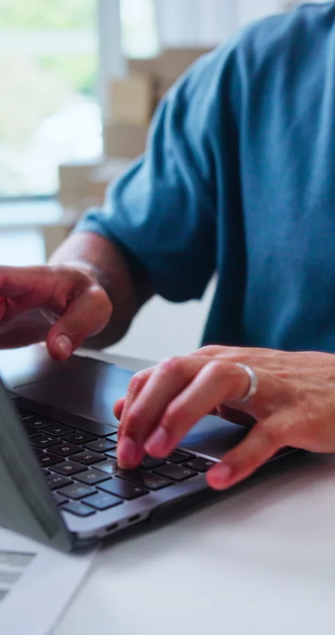 Hands, laptop and logistics with man in home office for delivery, distribution Stock Footage 338222316