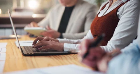 Hands, laptop and notes with business people in boardroom for meeting or upskill Stock Footage 316762202
