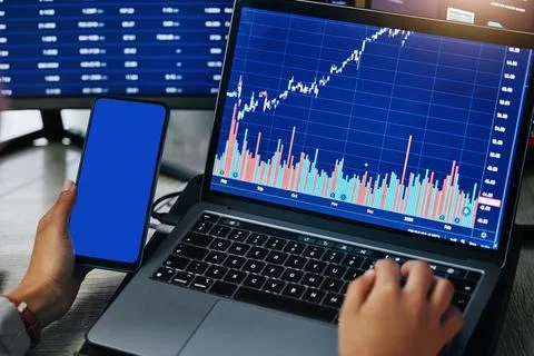 Hands, laptop and phone screen mockup with data analytics, trading and graph Stock Photos