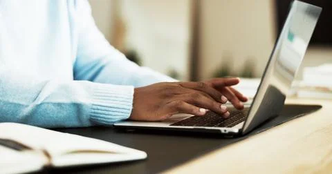 Hands, laptop and remote work with person at desk in home office for planni.. Stock Photos
