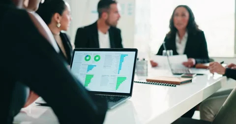 Hands, laptop and team with question at office meeting with charts, review and Stock Footage 331655929