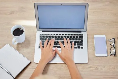 Hands, laptop and typing on mockup screen for digital marketing, branding or Stock Photos