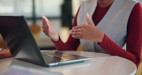 Hands, laptop and video call at office with discussion, insight or review at Stock Footage 335741929