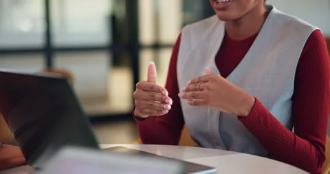 Hands, laptop and video call at office with consultation, insight or discussion Stock Footage 335764997