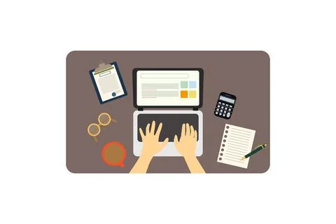 Hands on Laptop Keyboard Banner. Vector Illustration in Cartoon Style of a Desk Stock Illustration