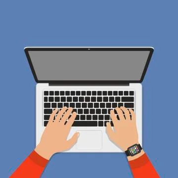 Hands on laptop keyboard with blank screen monitor. Flat style. Illustrazione stock