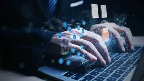 Hands on laptop keyboard with virtual document icons and data flow graphics. Stock Footage 327943634