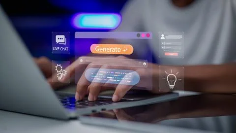 Hands on laptop with virtual screen UI displaying a Generate button, prompt.. Foto stock