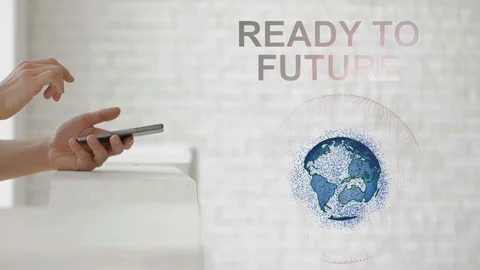 Hands launch the Earth's hologram and Ready to future text Stock Footage 88776985