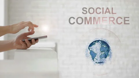 Hands launch the Earth's hologram and Social commerce text 스톡 동영상 90530053