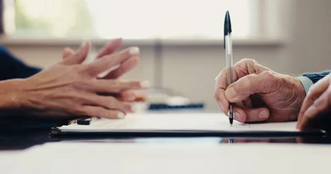 Hands, lawyer and old man with signature on document, application and nomination Stock Footage 342090883