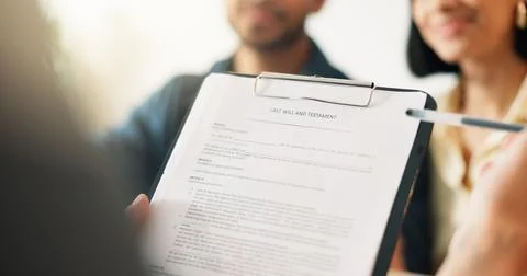 Hands, lawyer and reading document with couple, legal advisory and contract.. Stock Photos