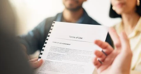 Hands, lawyer and reading document with couple, finance contract and agreem.. Stock Photos