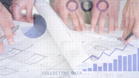 Hands leaning over plans, lifting pages, pointing and marking for analysing data Stock Footage 334743960
