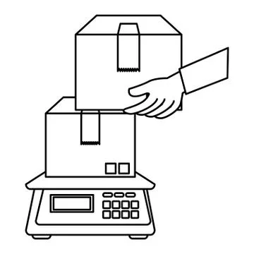 Hands lifting boxes in balance measure weight Illustrazione stock