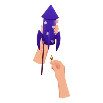 Hands light the fuse of the firework rocket petard cartoon vector icon Stock Illustration