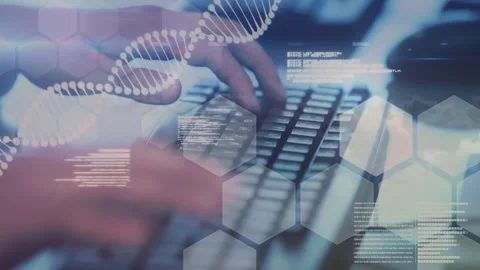 Hands lowering onto keys, pressing steadily while DNA helix, hexagons, code Stock Footage 333900481
