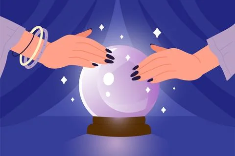 Hands of magical fortune teller with crystal ball, seer sitting at glass globe Stock Illustration