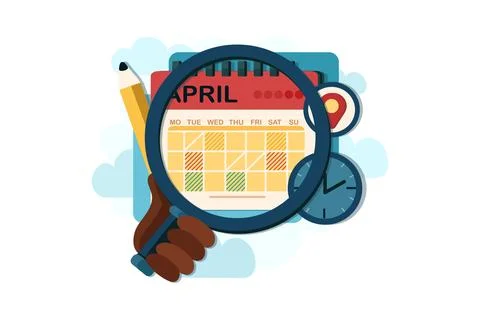 Hands with magnifier checking calendar Illustrazione stock