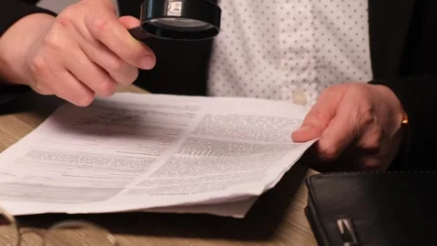 Hands with magnifying glass examining documents or contract before signing or Stock Footage 310624569