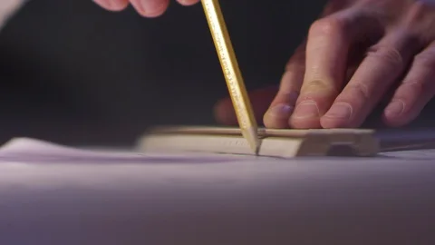 Hands Make a Drawing on Paper with a Pencil and Ruler Vidéo 99233758