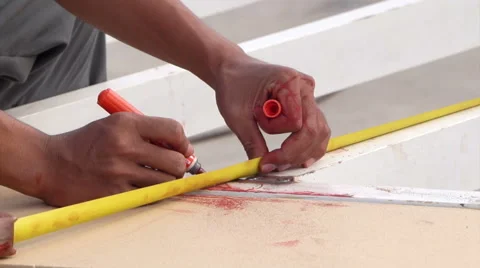 Hands make measurement and mark on metal work. Industrial handicraft manual work Stock Footage 59902313