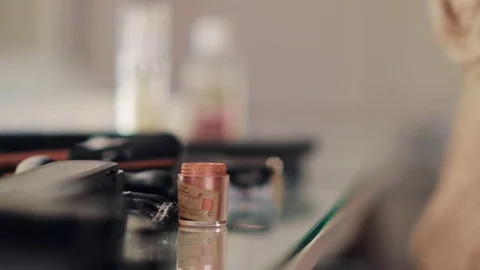 Hands of a makeup artist. Workplace makeup artist. Stock Footage 85090976