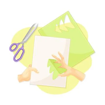 Hands making applique cutting figurines from paper. Top view of creative work Stock Illustration