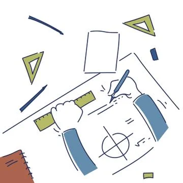 Hands Making Blueprint Design Workplace Desk Top Angle View Stock Illustration