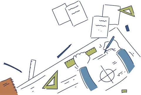 Hands Making Blueprint Design Workplace Desk Top Angle View Illustrazione stock