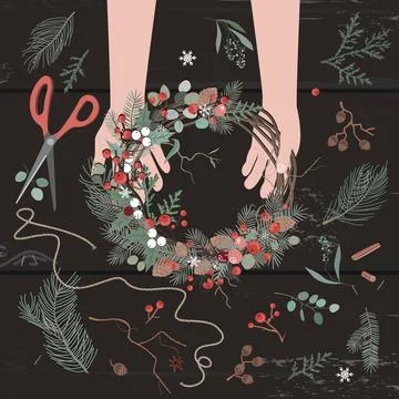 Hands making Christmas wreath composition. Winter holiday creative arrangement Stock Illustration