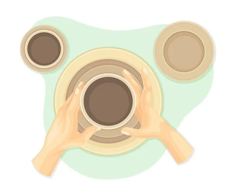 Hands making clay pot. Top view of creative work process, hobby and craft Stock Illustration